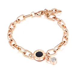 Rose Gold Color Roman Number CZ Bracelet for Woman Girl Adjustable Lobster Wristband Stainless Steel Chain Link Jewelry Gifts