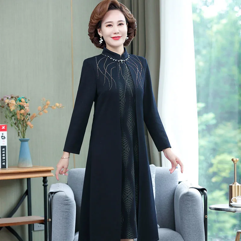 Mother Dress Apring Autumn New Noble And Elegant Women Dress Middle Aged Female Fake Two Piece Diamond Party Dress W2417