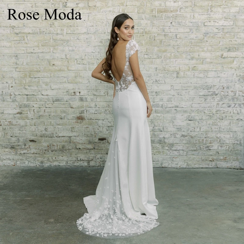 

Rose Moda Short Lace Cap Sleeves Backless Boho Wedding Dress 3D Floral Destination Bridal Gown