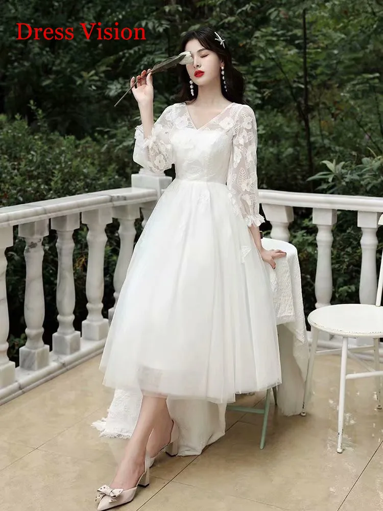 

Wedding Dress платья Lace Elegant Bride Gown Vestido De Novia Zipper Tulle Vestidos Tea-Length Three Quarter Sleeve