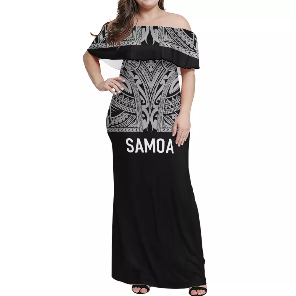 HYCOOL Samoa Tribal Black Long Polynesian Dresses For Women Party Wedding Summer Off Shoulder Evening Maxi Dress Bodycon Dresses