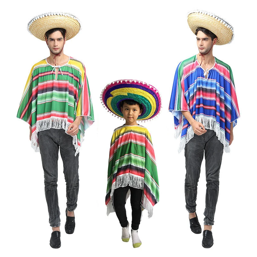 

New Mexican Cosplay Party Holiday Costumes Mexico Traditional Clothing Performance Halloween Costumes for Adult Kid Tops+Hat Set
