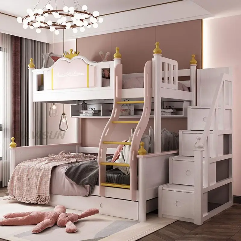 Princess Bed With Slide And Locker European-Style Modern Kids Bedroom Furniture Castle Luxurious Style Girl Like Children Bed