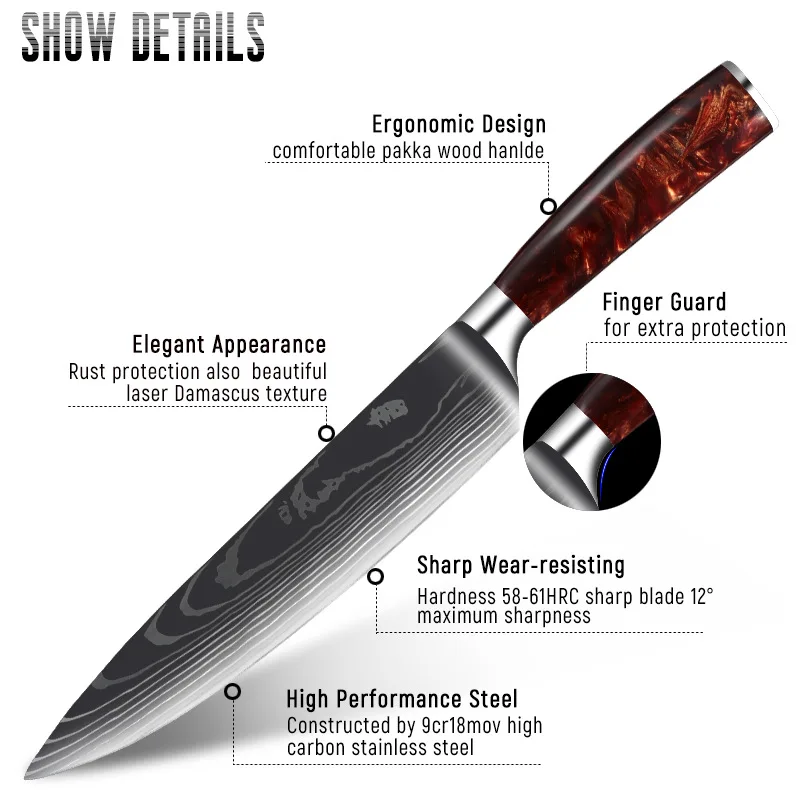 Coltello da cuoco Laser di damasco coltello da Sashimi di salmone giapponese manico in resina rossa coltello da affettare coltello da cucina strumento di cottura