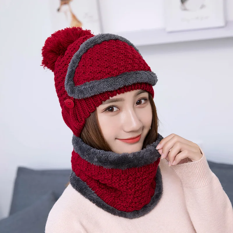 

Winter 3pcs/Set Fashion Women Fleece Knitted Hat Thickened Woolen Ca p With Warm Mouch Cover Neck Scarf Snood