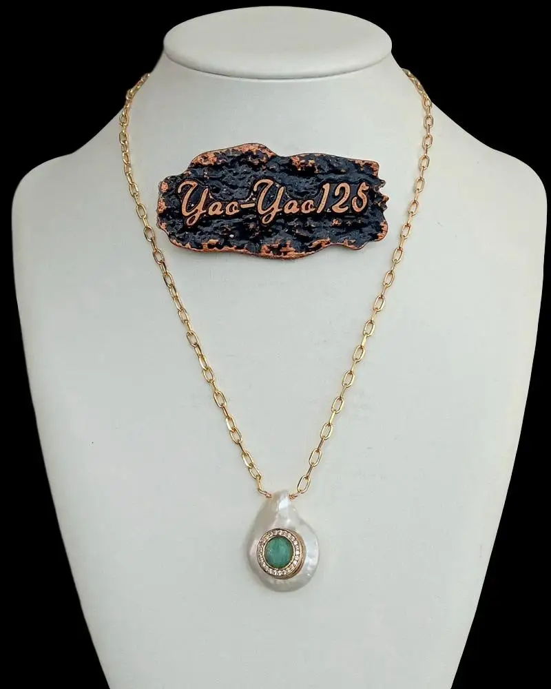 Y·YING natural Cultured White Coin freshwater Pearl Cz Pave Green Amazonite Charm gold color plated Chain Necklace 17\