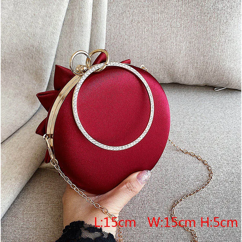 Red Flower Clutch Purse Women Round Evening Bag Crystal Diamond Wedding Silk Handbag Exquisite Chain Shoulder Bags FTB154