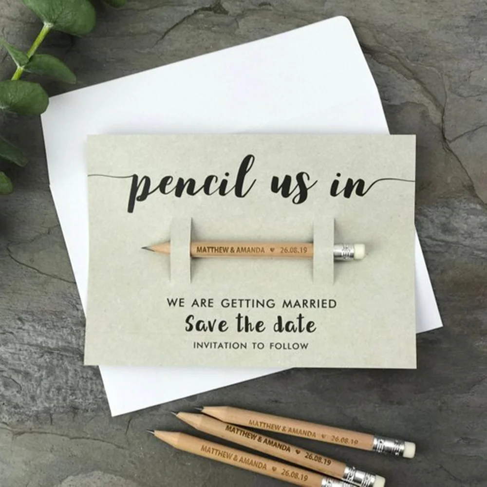 personalize engraved Pencil Us In Save the Dates Wedding Invitations with Backing card & Envelopes Option birthday party invites