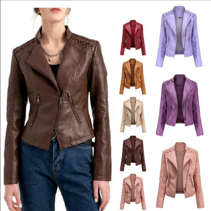 Chaqueta de cuero sintético para mujer, abrigo corto con cuello levantado, prendas de vestir de motocicleta, 9 colores