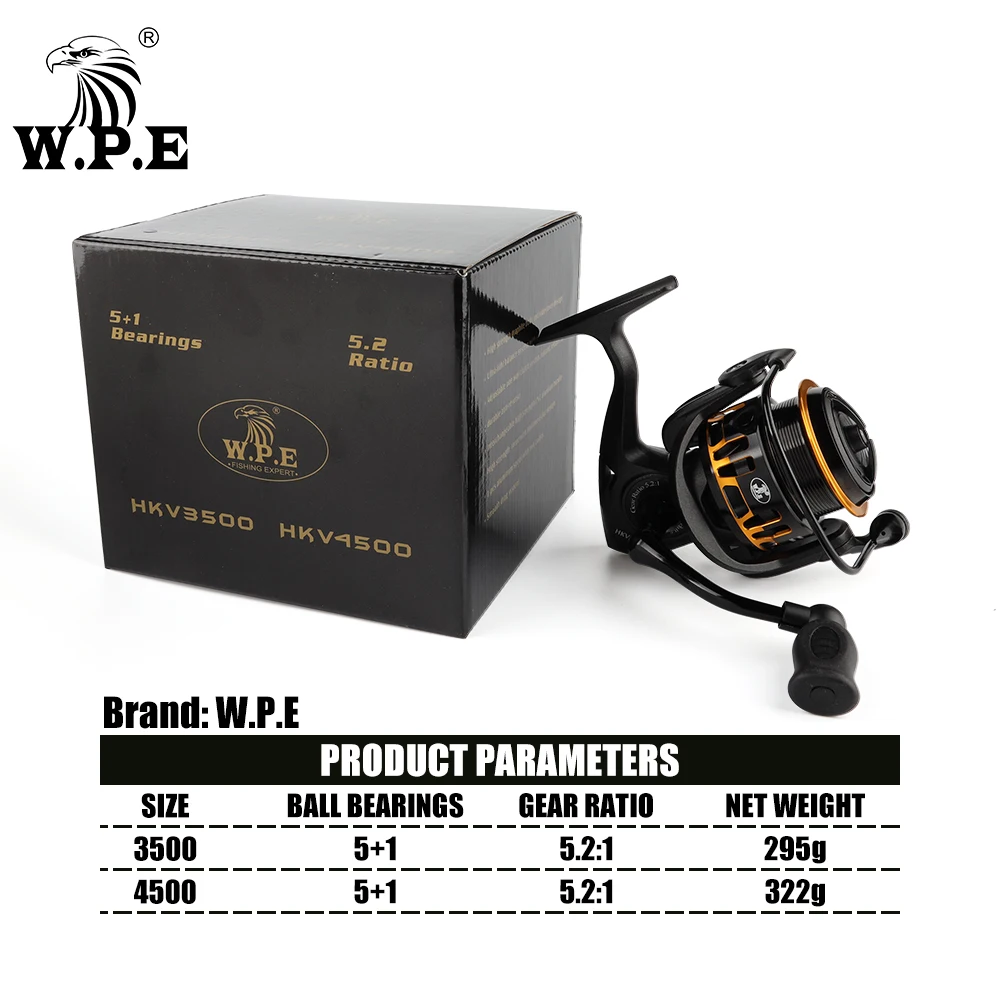 W.P.E HKV Fishing Reel 3500/4500 Spinning Reel 5+1 BBs Full Matel Line Spool 5.2:1 High Speed Gear Ratio Feeder Fishing Tackle