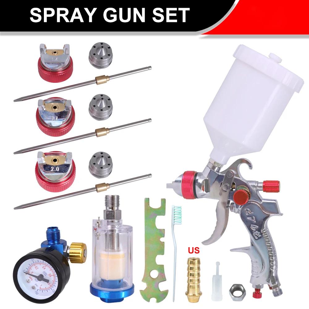 Professional HVLP Spay Gun 1.4/1.7/2.0mm Nozzle Gravity Airbrush +Pressure Regulator + Water And Oil Separator Set