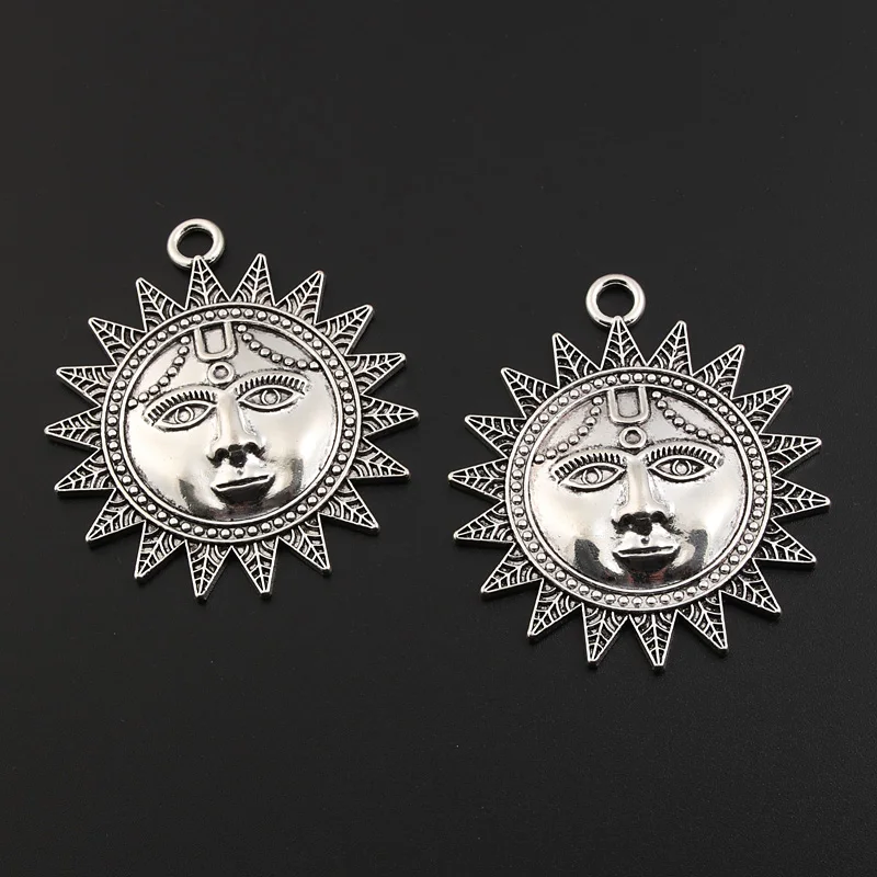 3pcs Silver Color 60x53mm Large Sun With Face Charms Connector Pendant Fit DIY Jewelry Making Handcrafted Accessories