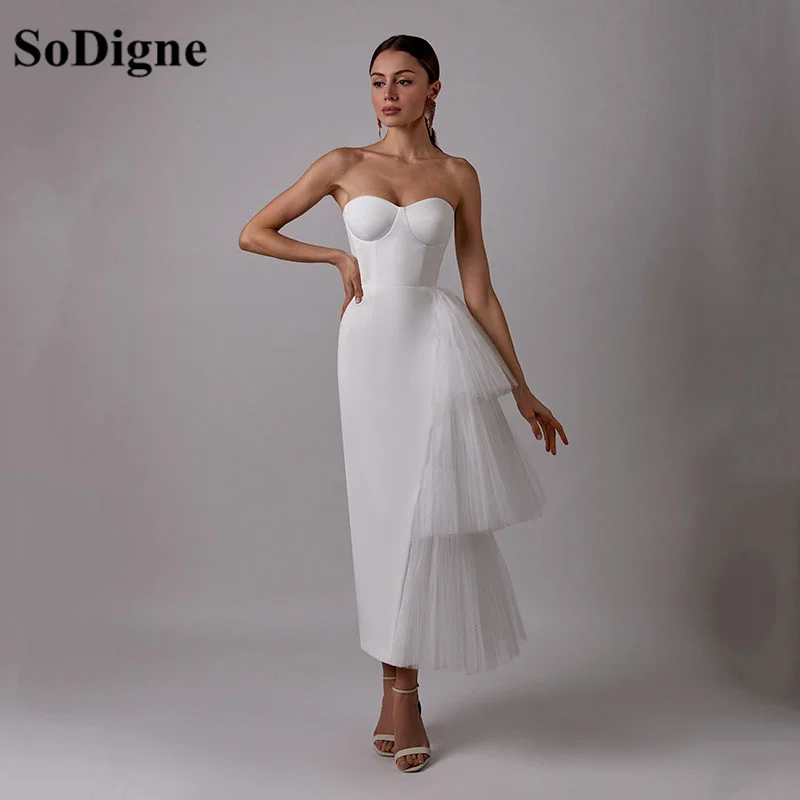 Sodigne Wit Eenvoudige Avond Party Dress Sweetheart Tiered Tulle Thee Lengte Formele Prom Jurk Vrouwen Nachtkleding