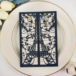 1pcs Navy Blue Laser Cut Eiffel Tower Birthday Wedding Invitation Card Quinceanera Engagement Bridal Shower Party Invitations