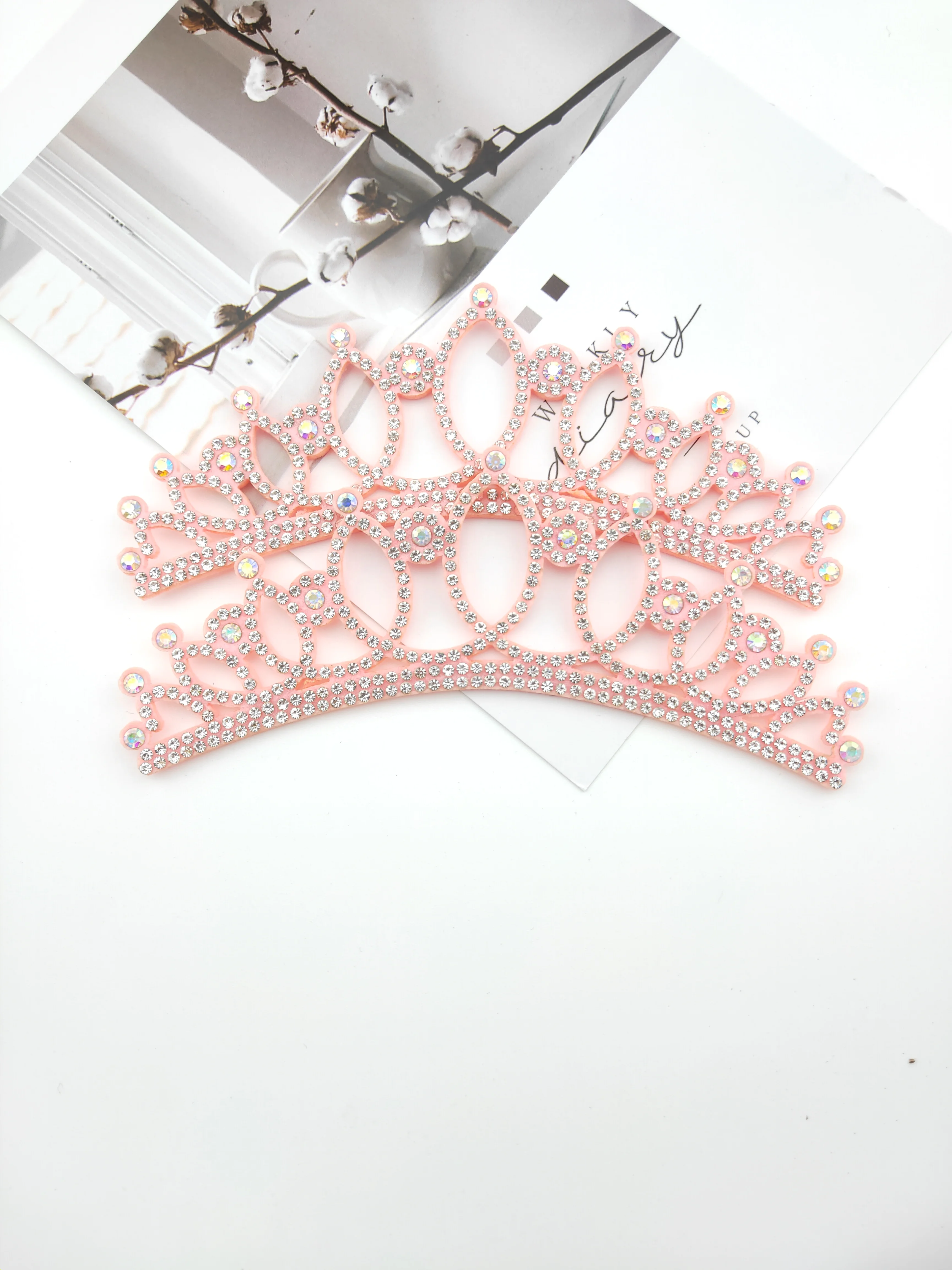 13.5*4.5CM Princess Rhinestone Pink Crown Applique For Craft Wedding Clothing Decor Patch DIY Headwear Hair Clip Accessories