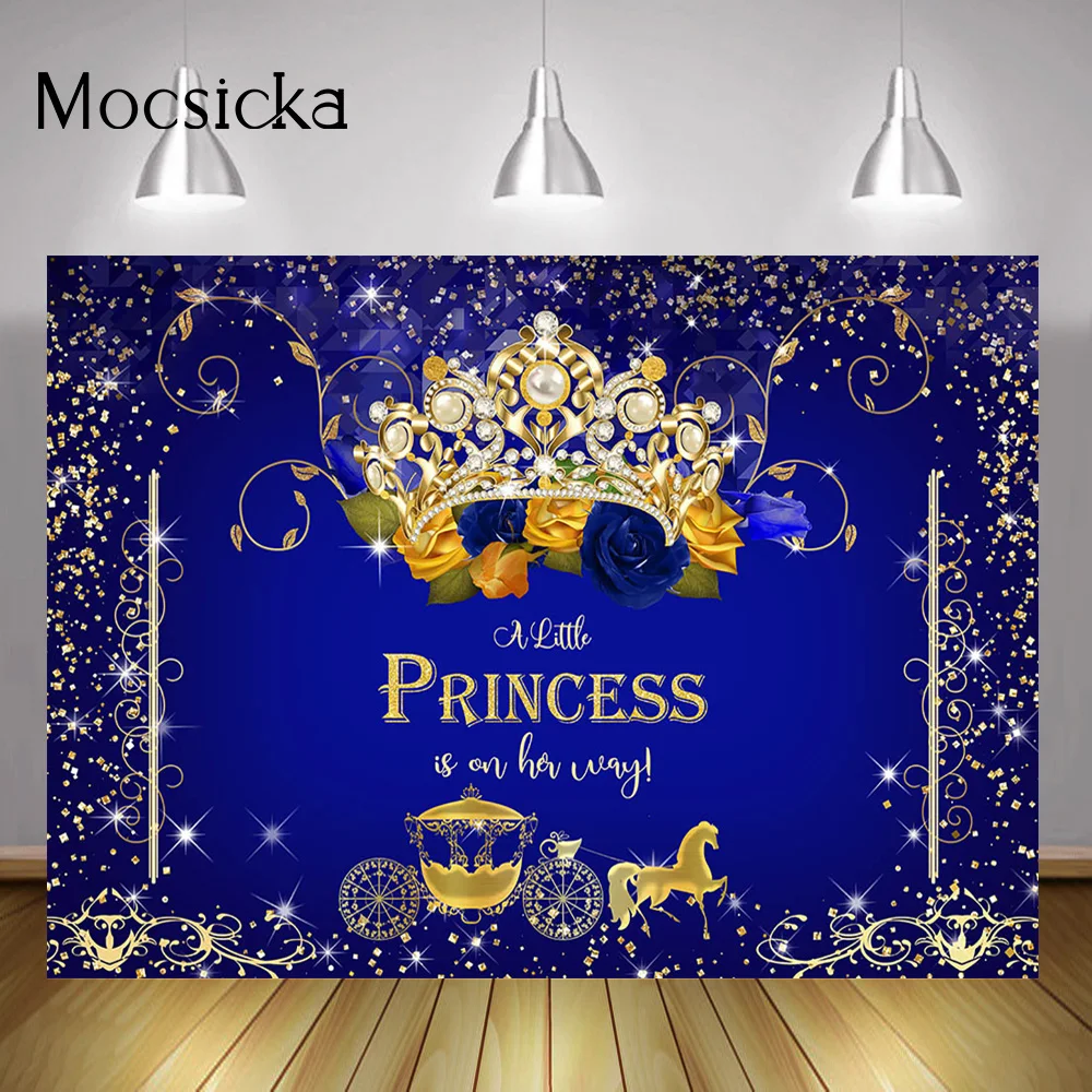 Royal Blue Princess Baby Shower Background Floral Golden Crown Carriage Backdrop Newborn Party Decorations Shiny Points Photo