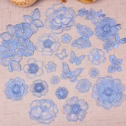 Smoky Blue Lace Embroidered Patches Sew Iron on Clothes Organza Flower Butterfly Applique Sticker Iron-on Transfers for Clothing