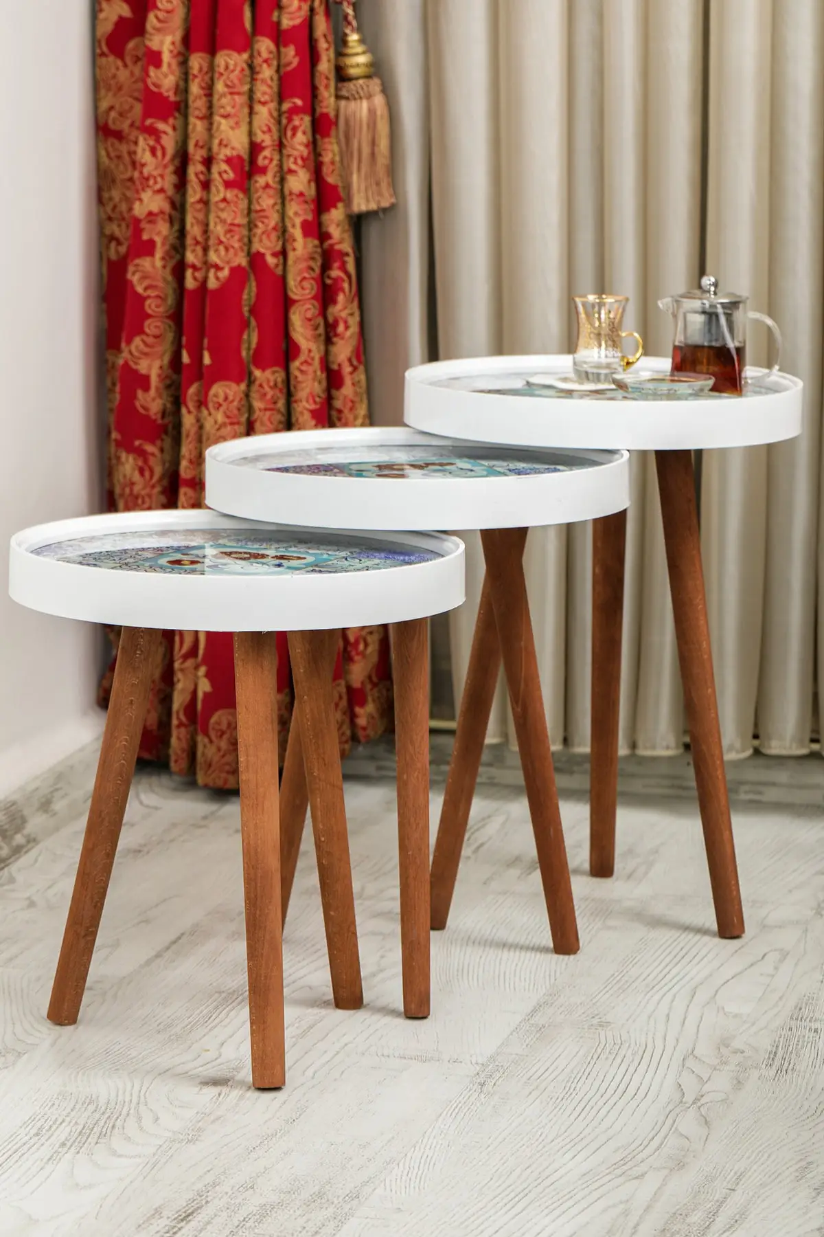 Table basse Zigon, 3 pièces, verre rétro, impression spéciale