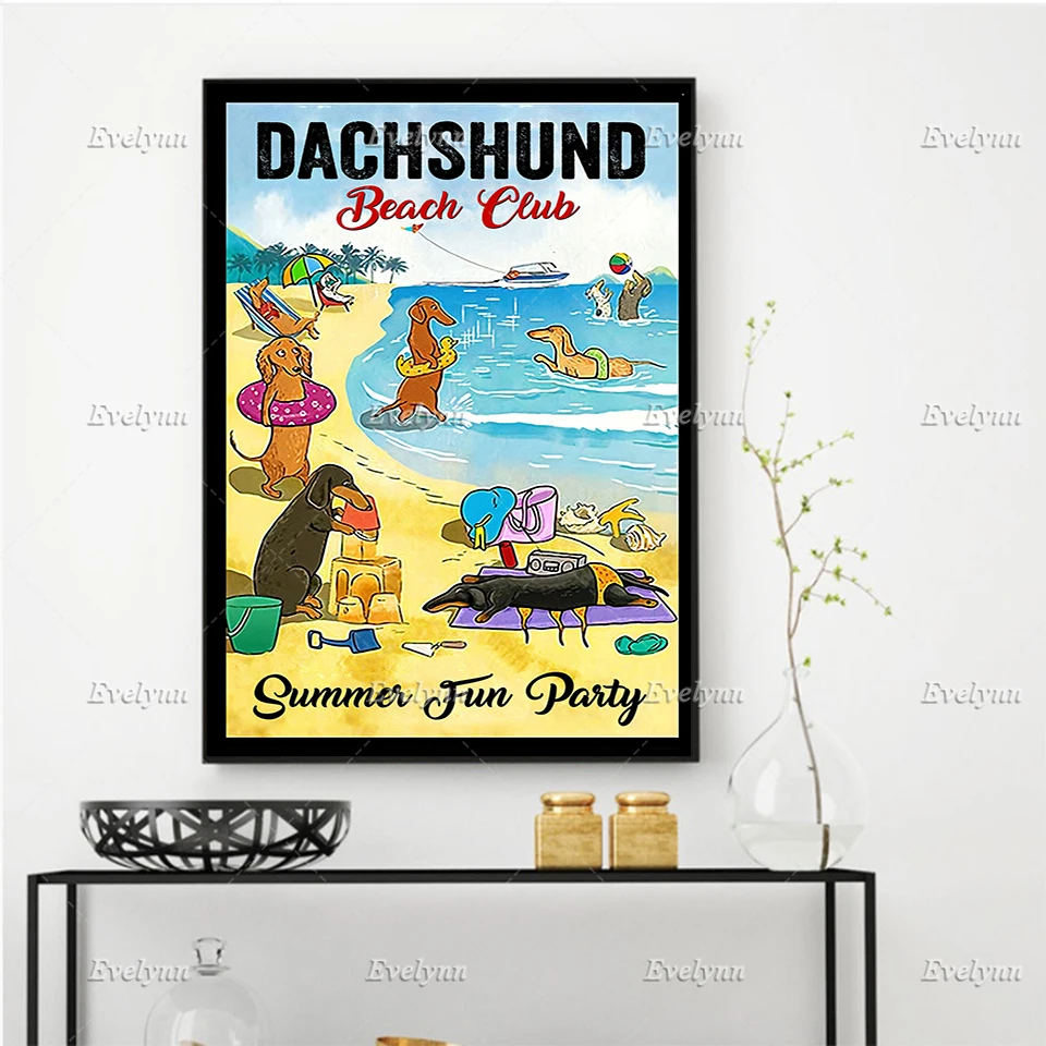 Dachshund Beach Club Summer Fun Party Poster Living Room Decoration Wall Art Prints Home Decor Canvas Gift Floating Frame