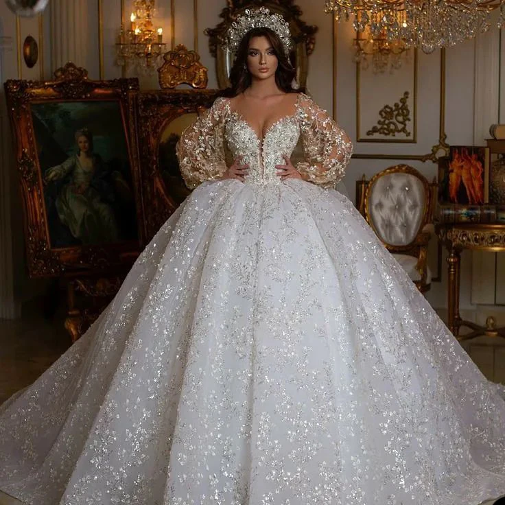 Luxury Ball Gown Lantern Sleeves Sweetheart Wedding Dress Sweep Train Full Applique And Sequin Princess Custom Made Bridal Dress