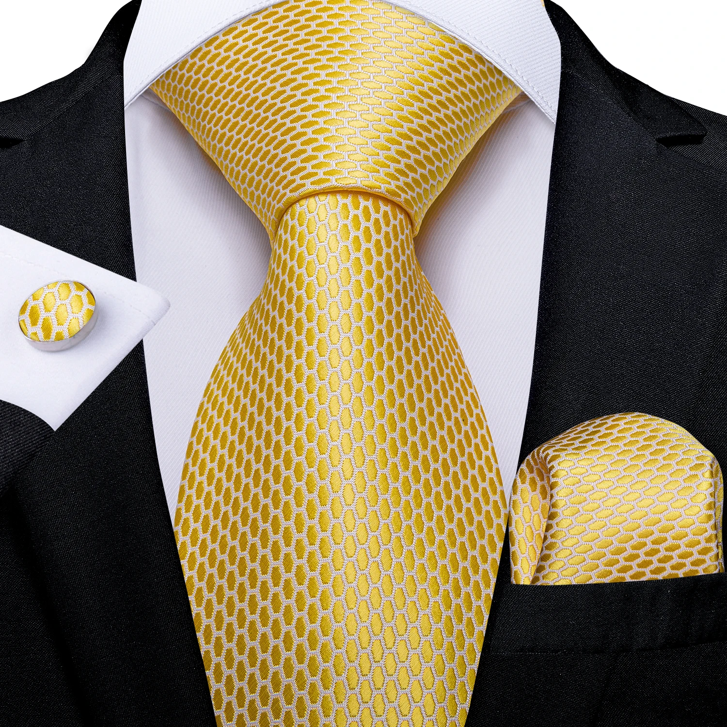 Yellow White Plaid Men's Neck Tie Handkerchief Set 8cm Width Business Wedding Tie With Brooch Tie Ring Luxury Gift Set DiBanGu