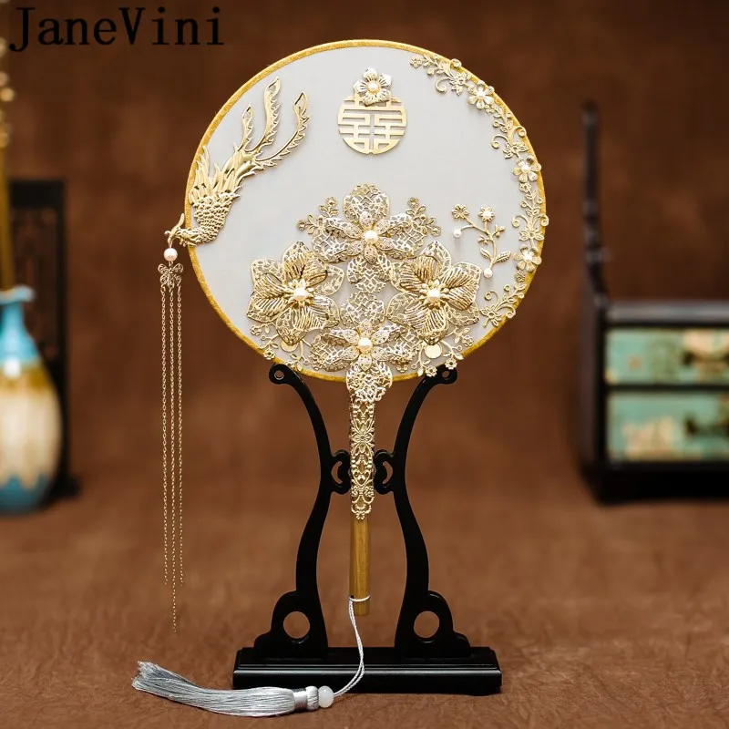 JaneVini Chinese Style Bridal Fan with Golden Tassels Gold Phoenix Pearls Ancient Bride Wedding Bouquet Fan Type Flowers 2021