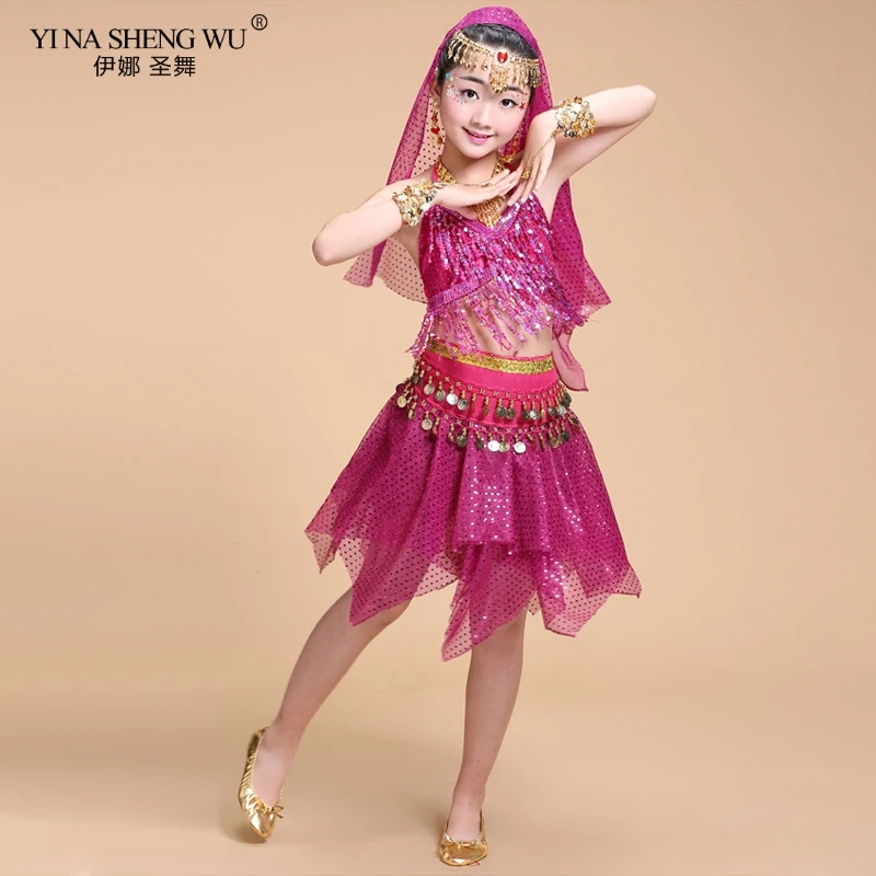 Trajes de danza del vientre niños Set 3 uds falda India hecha a mano niños trajes de danza del vientre para niñas Bollywood Performance Cloth 5 colores