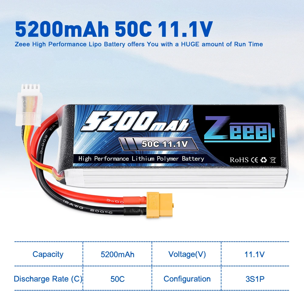 Zeee 11.1v 50C 5200mah 3sリポバッテリーXT60プラグrcヘリコプター
