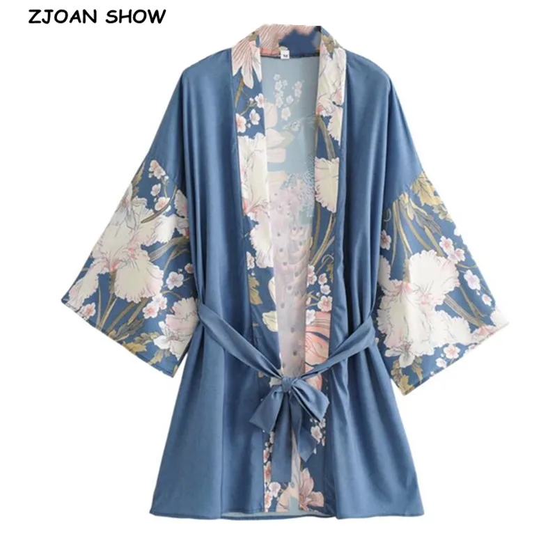 2021 Bohemian V neck Peacock Flower Print Kimono Shirt Ethnic New Lacing up Sashes Middle Long Cardigan Loose Blouse Tops femme