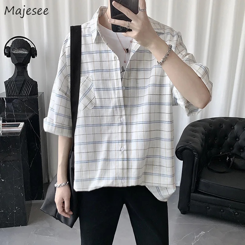 

Summer Short Sleeve Shirt Men Casual Slim Fit Turn Down Collar Camisa Male Ins High Quality Checkered Shirts Breathable Mens Top