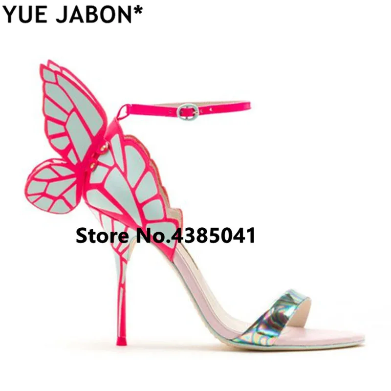 

YUE Jabon Butterfly Wings Summer Peep Toe Sandals Women Shoes Stiletto High Heels Solid Color Buckle Sandals zapatillas mujer