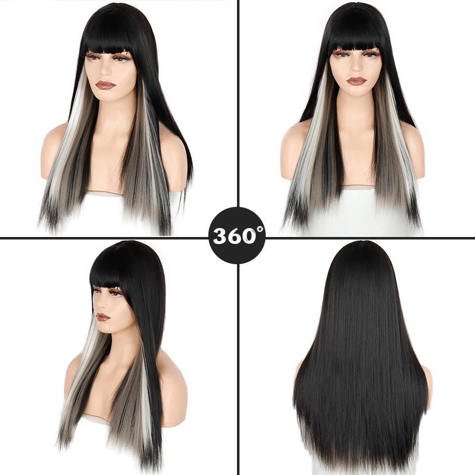 Synthetic Wig Long Straight Long Wig Bangs Mixed Black and White Wig Heat-resistant Fiber Suitable For Women