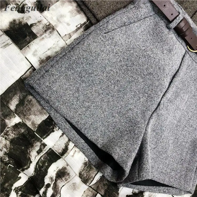 Autumn Winter Formal Shorts Women Korean High Waist Thick With Sashes Wide Leg Shorts Female Gray Black Green Casual Bottom