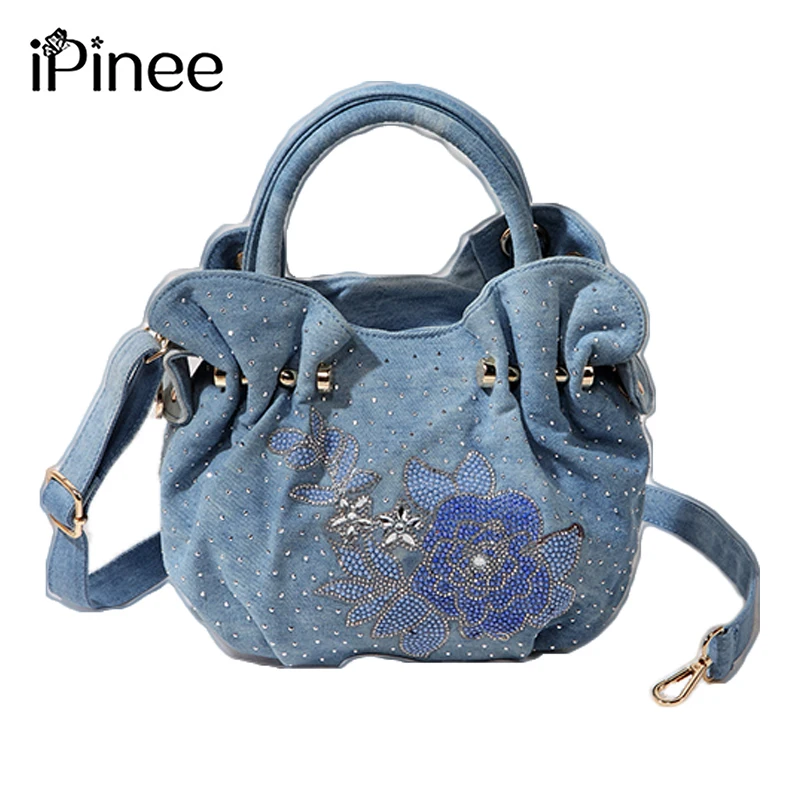

iPinee Luxury Flowers Women Washed Demin Handbag Fashion Female Jeans Shoulder Messenger Bag Rivet Bags sac a main
