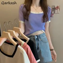 T-shirts Women Thin Chic Summer Stylish Preppy Style Korean Student Patchwork Female Casual All-match Slim Ins Inside Basic Tops