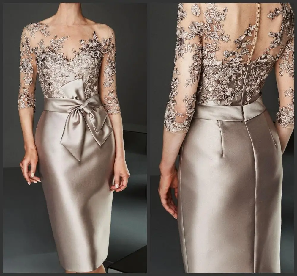 Vestidos hasta la rodilla para madre de la novia, vestido tubo de media manga con apliques y lazo, vestidos cortos para madres y novios para bodas personalizados