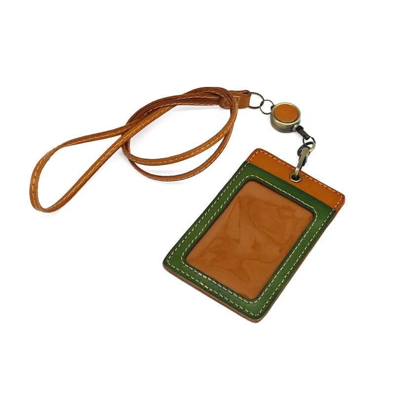 

ID Badge For Office Work Genuine Leather Neck Lanyard Reel Bus Card Wallet Cowhide Mini Purses