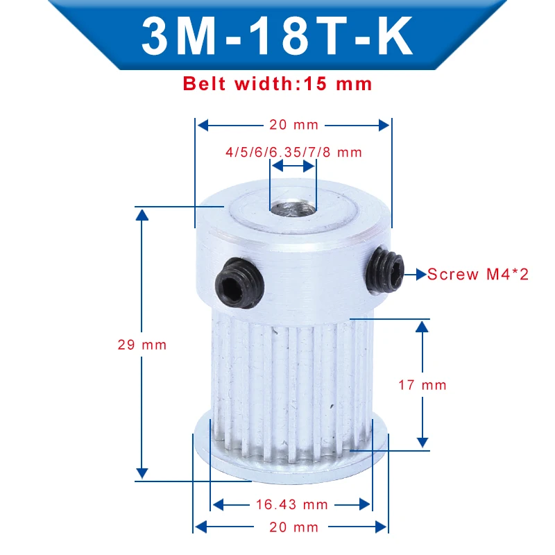 

3M-18T Pulley K shape Inner Bore 4/5/6/6.35/7/8 mm Aluminum pulley wheel Slot Width 17 mm For 3M-Rubber Timing Belt Width 15 mm