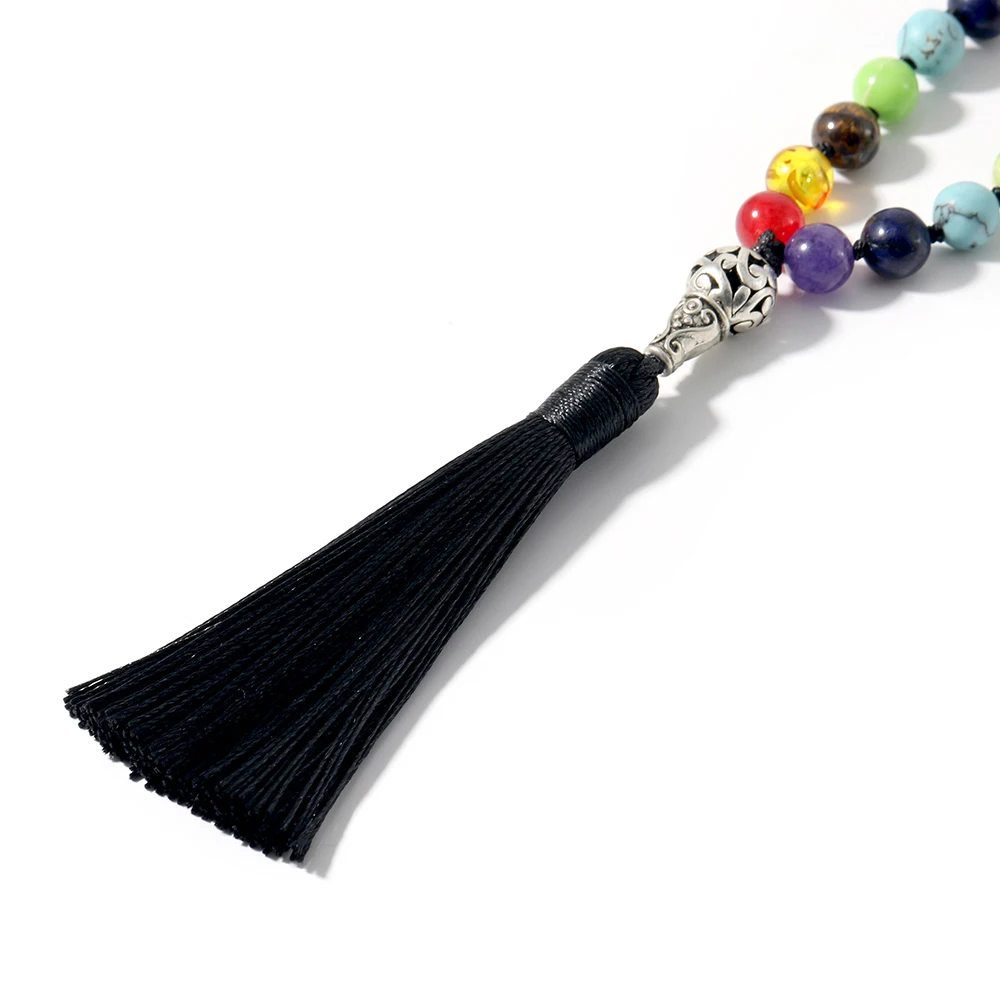108 Japa Mala 7 Chakra Natural Stone Beaded Knotted Necklace Yoga Blessing Meditation Jewelry with Tree of Life Tassel Pendant