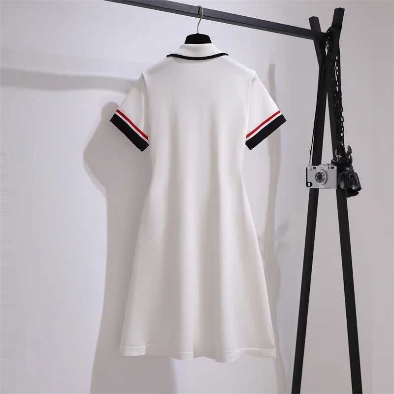 Summer New Kint Elegant Vintage 90S Party Dress Short Sleeve Bow Turn Down Collar Black White Dresses For Women Work Clothing