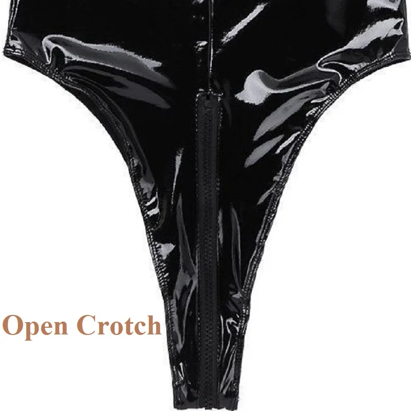 Women Erotic Open Crotch Leather Lingerie Sexy Below Crotchless Bodysuit Porn Breast Exposing Latex Jumpsuit Transparent Sexi