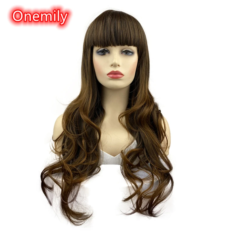 Onemily Long Length Curly Wavy Synthetic Heat Resistant Wigs with Bangs for Women Girls Theme Party Out Dating Golden Brown