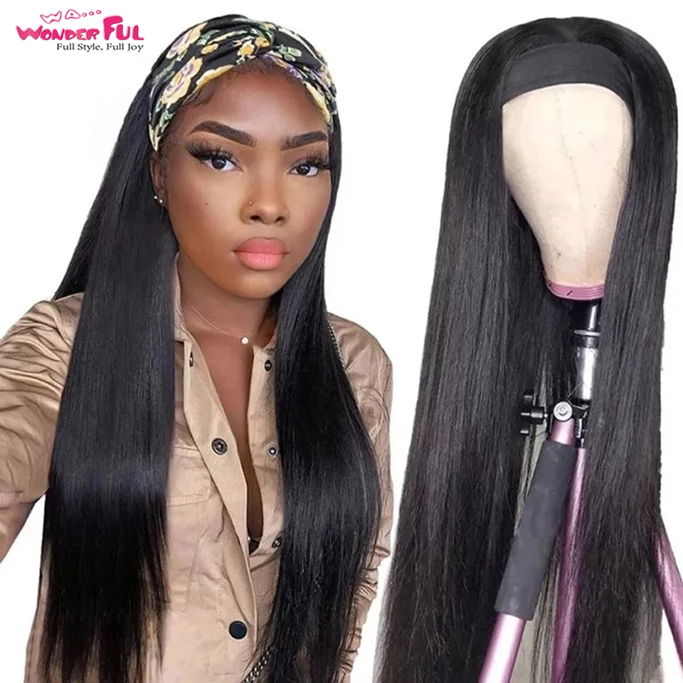 

Wonderful Straight Headband Wig Human Hair Wigs Brazilian Remy Headband Wig With Clip neat 150% Density Machine Made Human Wigs