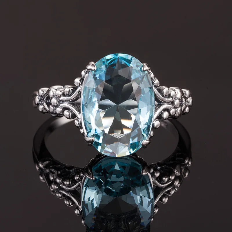 Echte 925er-Sterlingsilber-Damenringe, edler Schmuck, Aquamarin-Ring, neogotische ovale Form, Edelsteine, Eheringe, Schmuckgeschenk – Detail 2