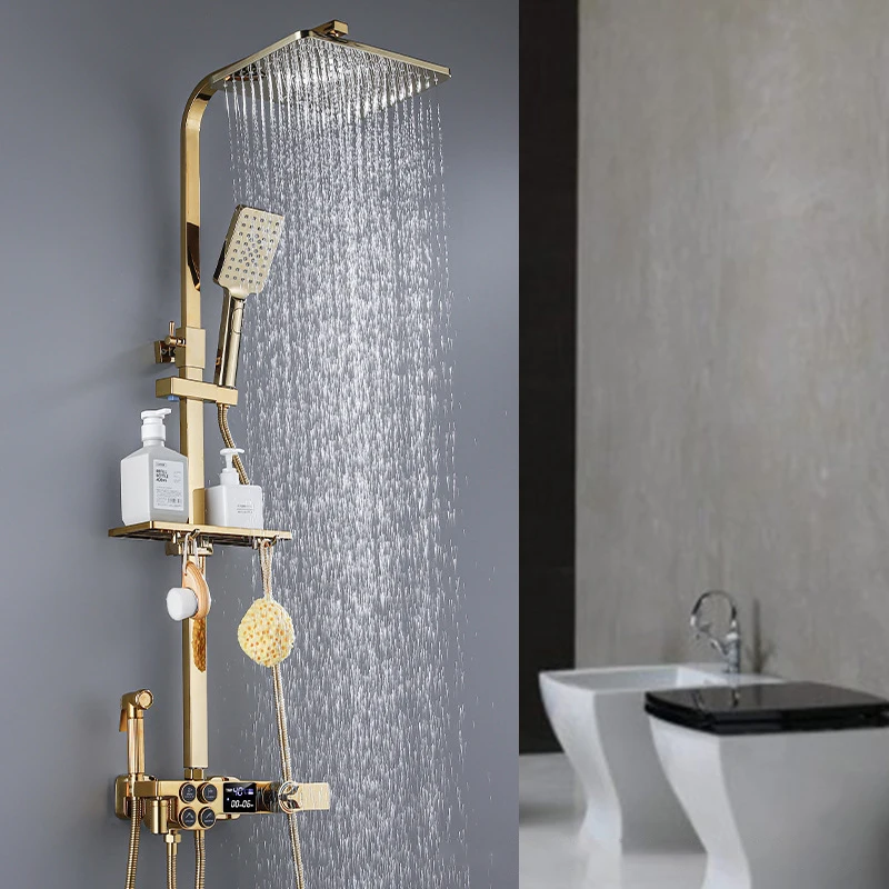 Gold Shower System Bathroom Hot Cold  Mixer Thermostatic Shower Set Wall Mount SPA Rainfall Bath Faucet Square Head Bathtub Tap