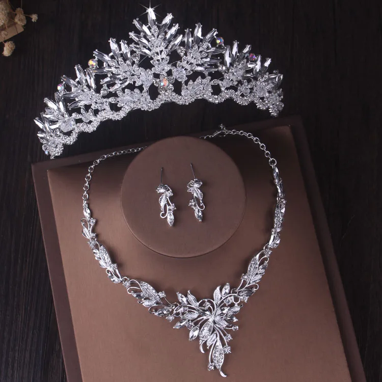 Baroque Silver Color Crystal Bridal Jewelry Sets Fashion Tiaras Crown Earrings Necklace Set for Women Wedding Dubai Jewelry Set