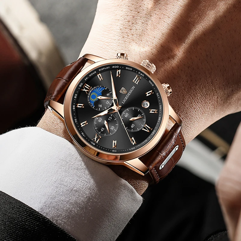 LIGE Mens Watches Top Luxury Brand Waterproof Sport Wrist Watch Chronograph Quartz Military Genuine Leather Relogio Masculino