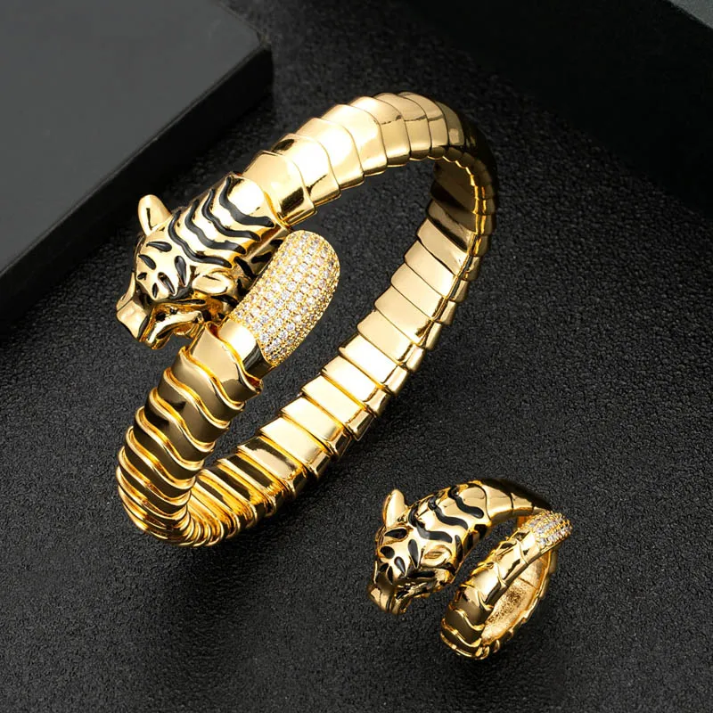 

Zlxgirl jewelry Adjustable Gold Leopard animal bangle with ring jewelry sets statement women's punk zircon animal bracelet aneis