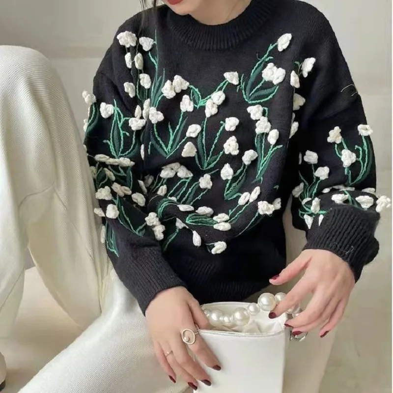 Woman\'s Sweater Lady Flower Textural Floral Handmade Embroidery Stitchwork Knit O-Neck Vintage Soft Ins Elegant Unique Fashion