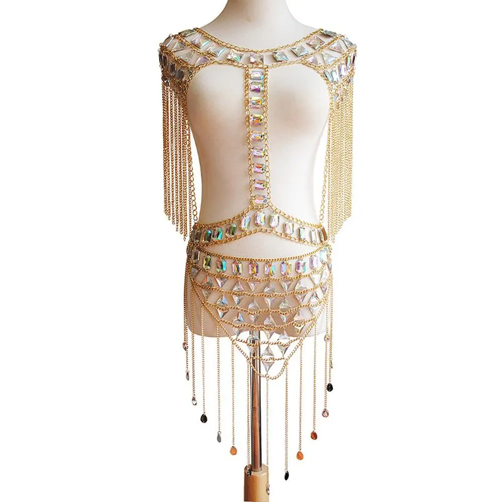 Body Chain Harness Shoulder Epaulette Crystal Jewelry Chest Belt Waist Skirt Sequins Top Set Plus Size Party Dance Rave Wear